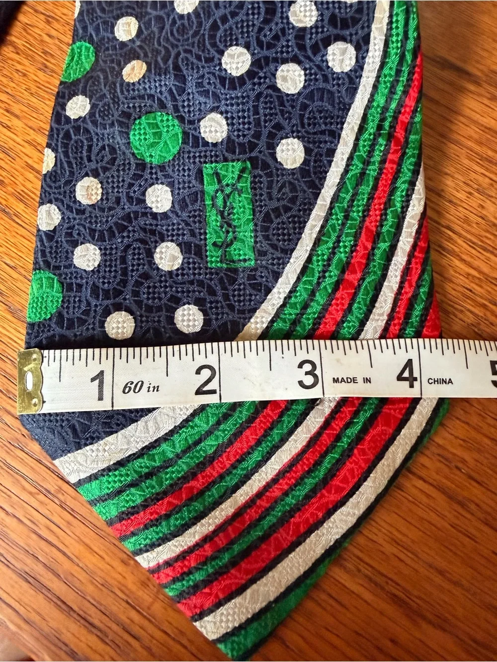 YSL Vintage Silk Polka Dot & Stripe Tie in Navy, Green, Red -